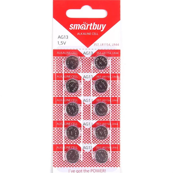 Элемент питания 680412 Батарейка часовая Smartbuy AG13-10B G13 (357) LR1154, LR44 BL10 680412 - фото 24082
