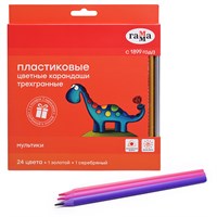 Карандаши цветные "Гамма" 24цв.+1 золотой +1 серебряный, пластиковые, трехгранные, заточенные, европодвес 131167436